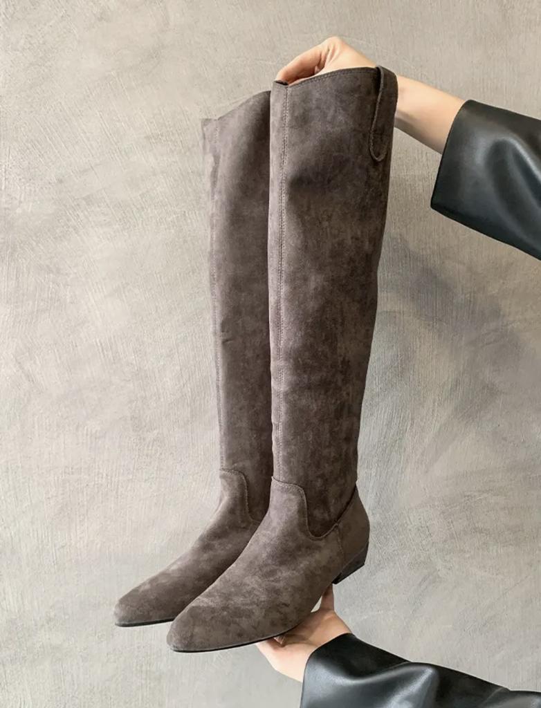 2024 Новый Стиль Кучи Сапог Заостренный Носок Квадратный Каблук Замша Римский Стиль Коричневые Длинные Сапоги до Колена Женские Сапоги