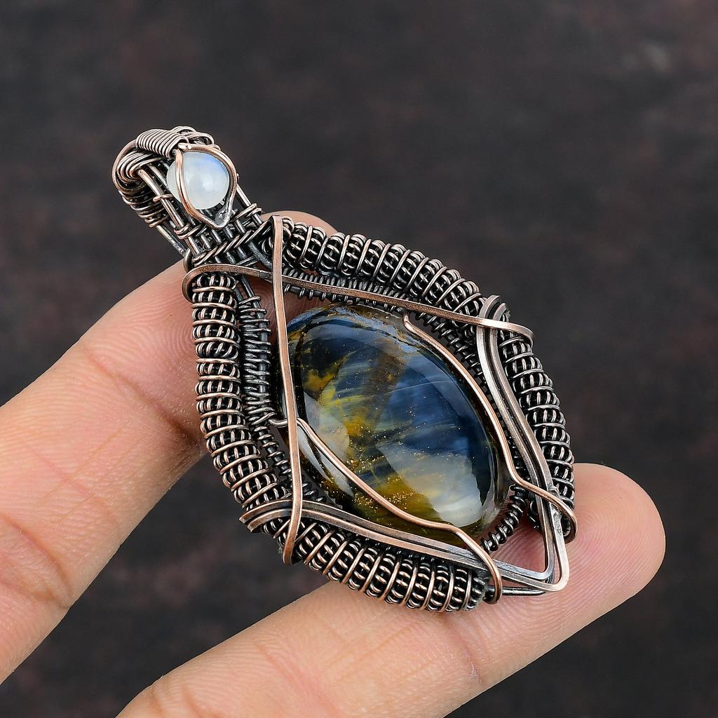 Подвеска из питерсита, обернутая медной проволокой, подвеска из радужного лунного камня, драгоценный камень, подвеска ручной работы, медные украшения, подарок для мамы, украшения из питерсита