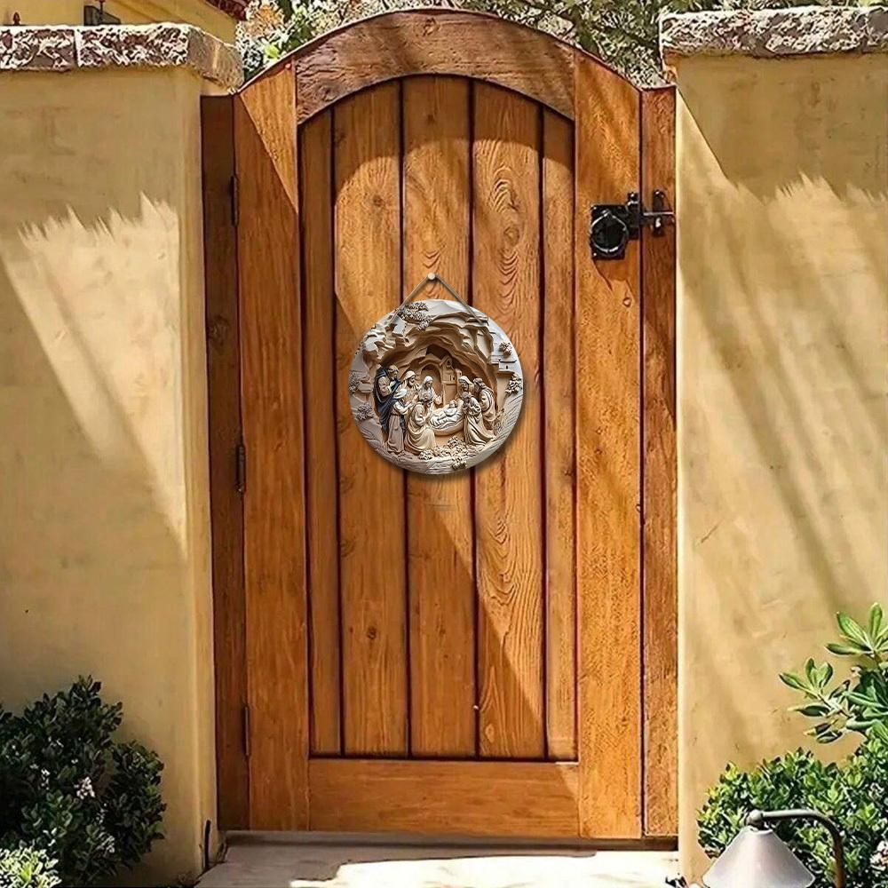 5 шт. Деревянная вывеска с изображением рождественской сцены - 2D плоская круглая 7,87 дюйма Рождественский настенный декор, универсальное праздничное подвесное украшение для дома, сада и праздничной вечеринки