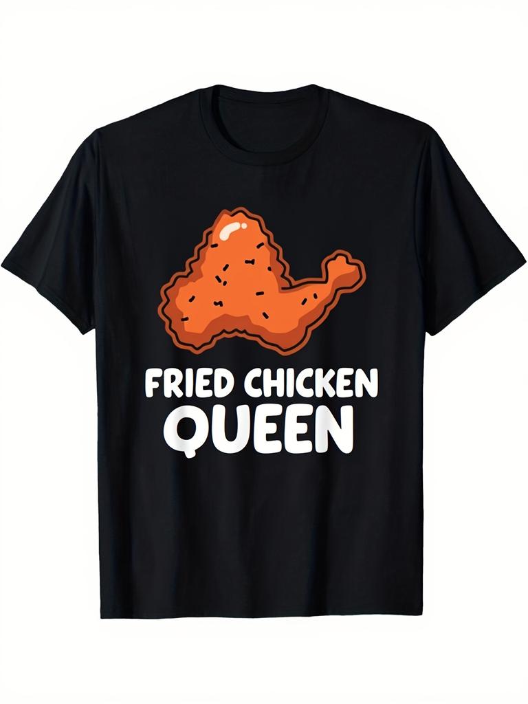 Fried Chicken Queen Graphic T Shirt Black Casual Daily Wear Short Sleeve Tee Shirt Womens Fashion Funny Food Print Tshir