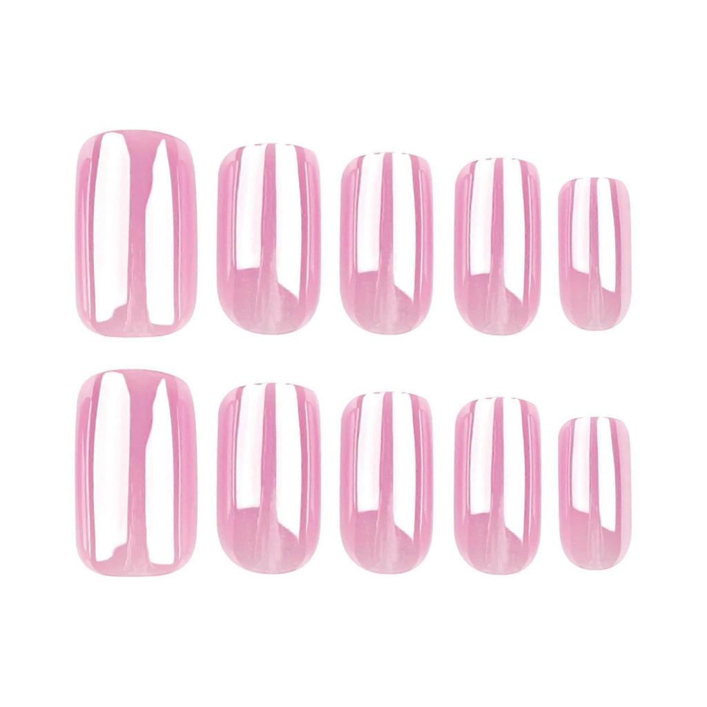 Short Square Pink Chrome Press On Nails with Glossy Gel Finish, Reusable Nude Fake Nails Set 24pcs