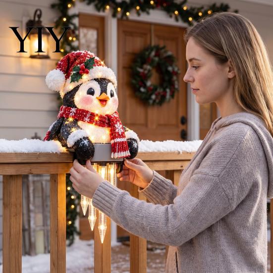 Festive Patio Railing Accents Winter Snowman Icicle Light, Christmas Penguin Santa Warm Home Atmosphere Glow LED Holiday Ornament for Porch,