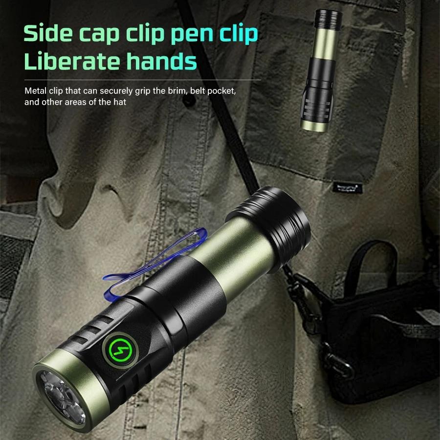New Mini LED Flashlight 2000LM Ultra Bright Aluminum Alloy Torch with Tail Magnet Type-C Charging Outdoor Camping Hunting Lamp