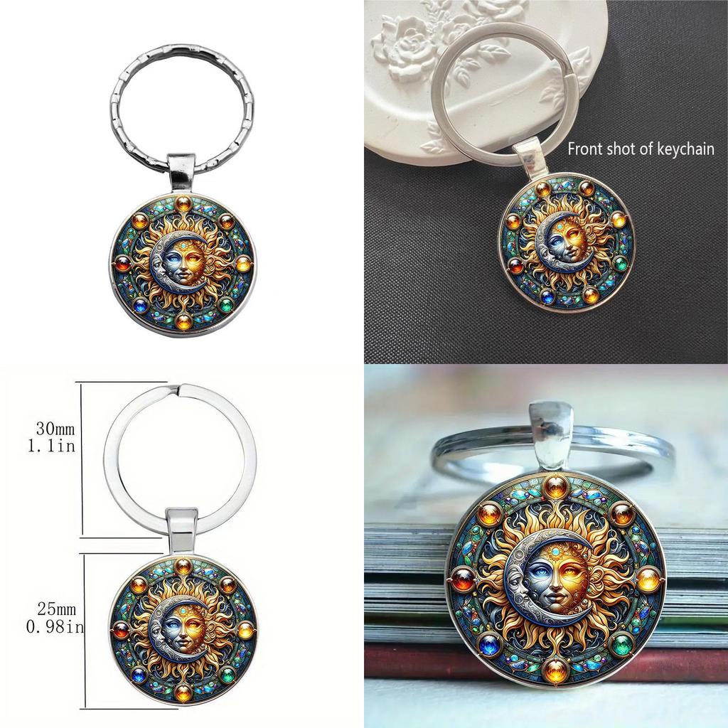 Стеклянный кулон-брелок с узором Солнца и Луны, милый аксессуар для ключей для подарков