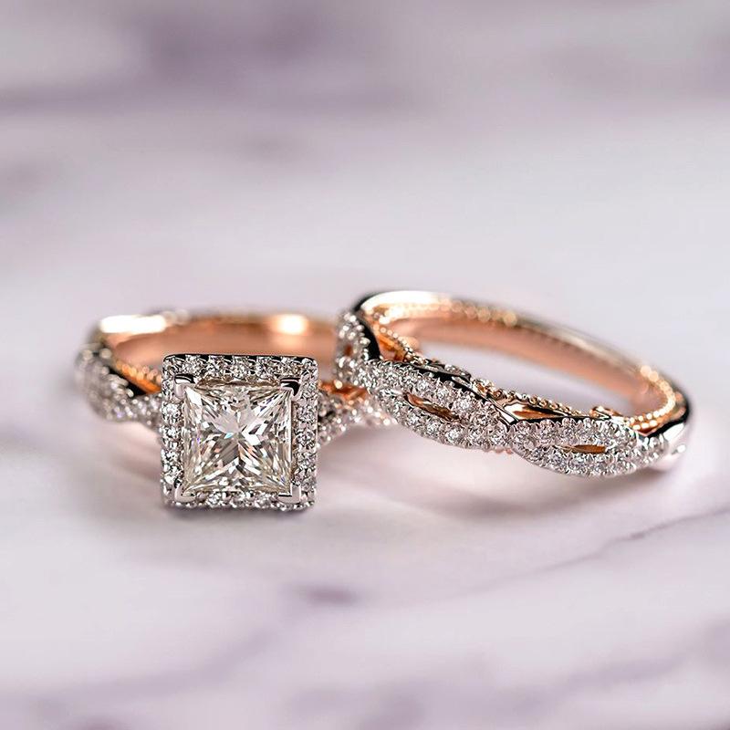 Трехэлементный набор колец Rose Gold с бриллиантами, цирконием, полностью бриллиантовый, женское парное кольцо, мужское кольцо