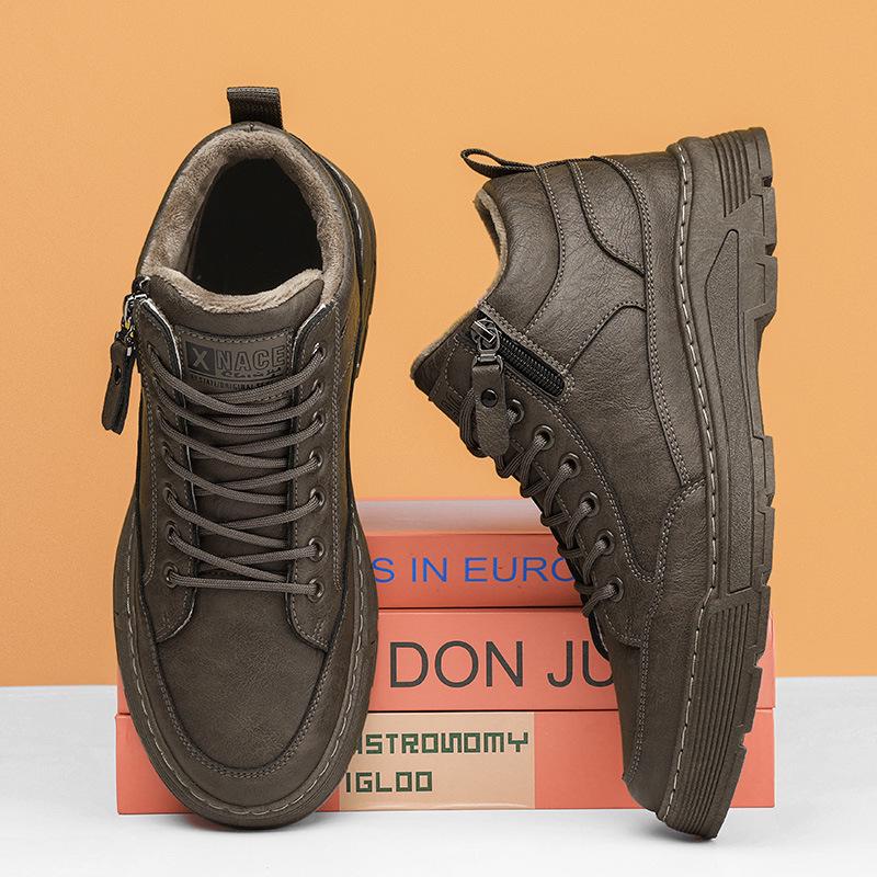 Мужские зимние рабочие ботинки из кожи с бархатной подкладкой - повседневные туфли в стиле ретро с мягкой подошвой и низким верхом в стиле Мартина