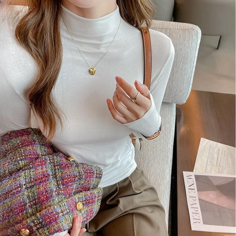 Женский облегающий топ с полувысоким воротником средней высоты и длинными рукавами, базовый слой, обтягивающая однотонная футболка для весны, осени и зимы