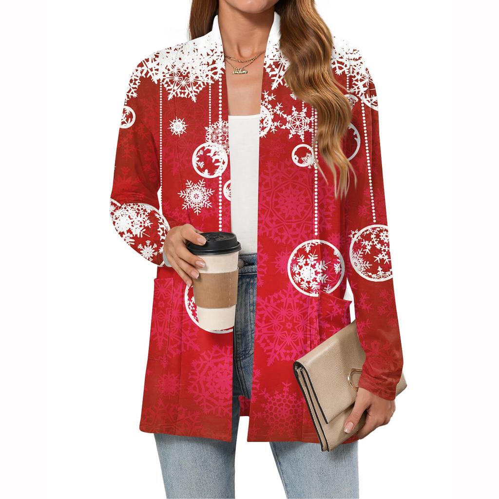 Женский рождественский кардиган с принтом, легкий, с длинными рукавами, повседневный, свободного кроя, тонкий, с карманами, куртка-кардиган