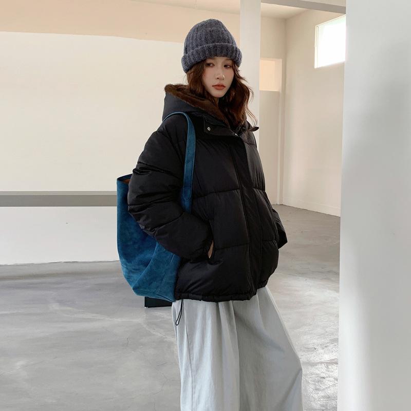 Женская куртка с хлопковой набивкой, воротник-стойка, однотонная, свободная, бархатистая, утолщенная, с капюшоном, модная, студенческая, женская куртка-пуховик