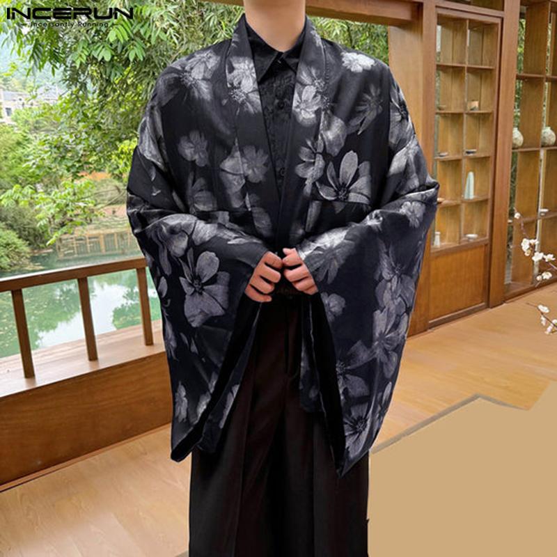 INCERUN Мужской кардиган с крыльями летучей мыши, длинный рукав, цветочный принт, свободное кимоно, открытый передний топ