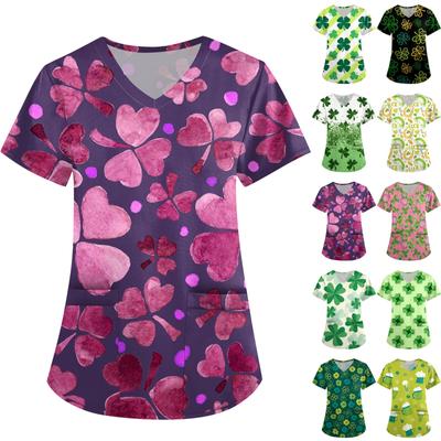 Женская симпатичная принтованная рабочая одежда с V-образным вырезом, двухслойными карманами, базовым коротким рукавом, пуловером