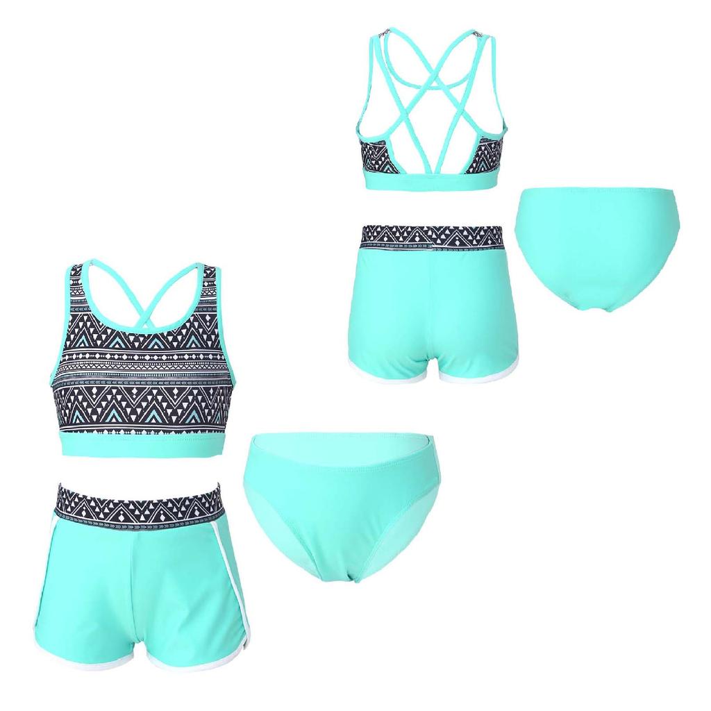 3 шт., детский купальный костюм для девочек, укороченный топ с принтом U-образным вырезом, шорты и трусы, комплект из рашгарда для пляжа и бассейна