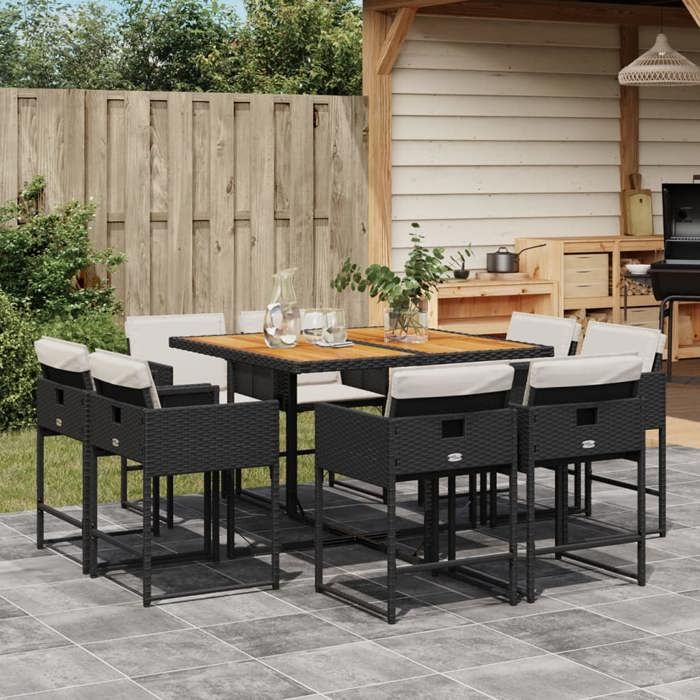 VidaXL Garden Dining Set 9pcs Cushions Black Wicker 3278150