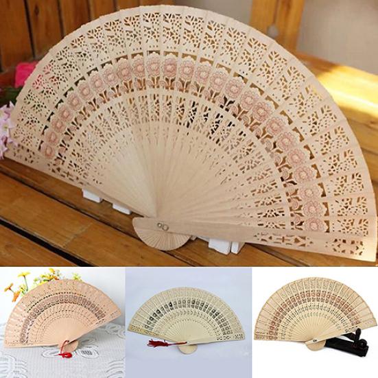 Vintage Hollow Carved Wooden Flower Folding Hand Held Fan Wedding Bridal Decor