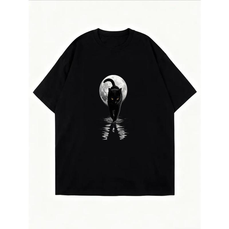 Женская белая футболка с принтом черной кошки и луны, повседневная