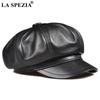 ЛА СПЕЦИЯ Натуральная Кожа Мужская Женская Кепка Газетчика Овчина Мужской Берет Винтаж Высокое Качество Мужская Женская Черная Восьмиугольная Кепка