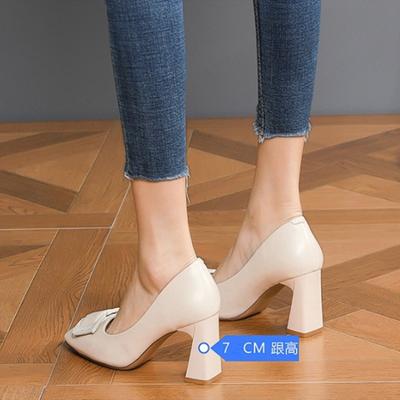 Женские туфли с квадратным носком на толстом каблуке, весна, новая металлическая квадратная пряжка, рабочие туфли, неглубокий высокий каблук, женские туфли, тренд