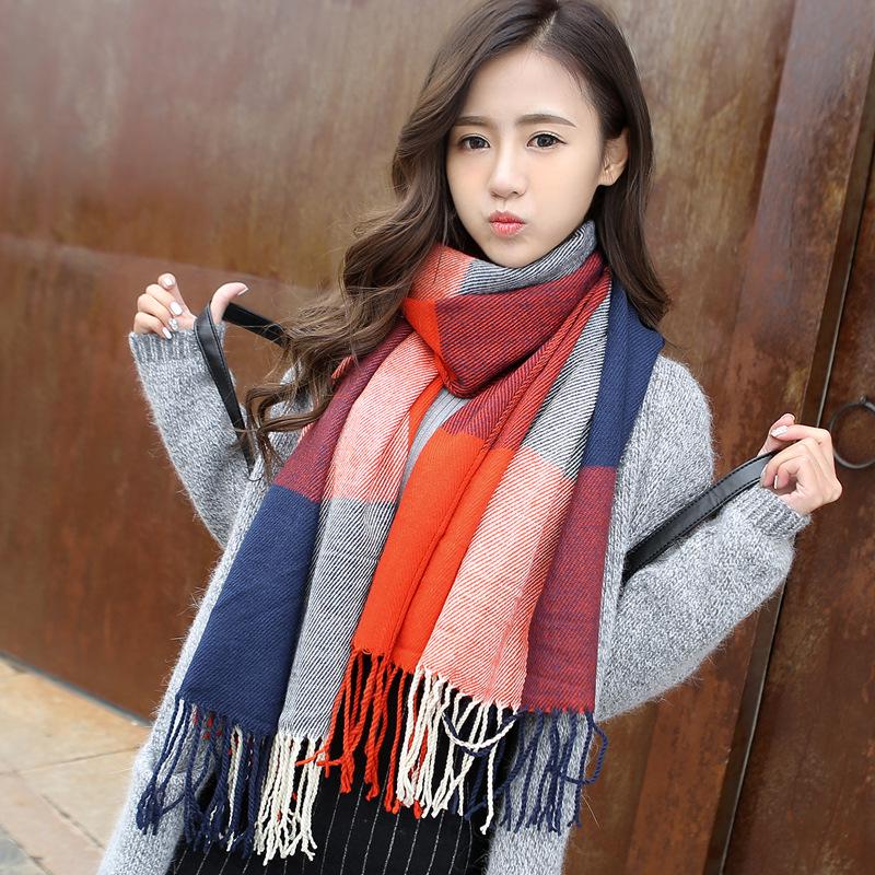 Women's Korean Style Knitted Plaid Tassel Shawl: Thick, Double-Sided & Versatile Winter Scarf