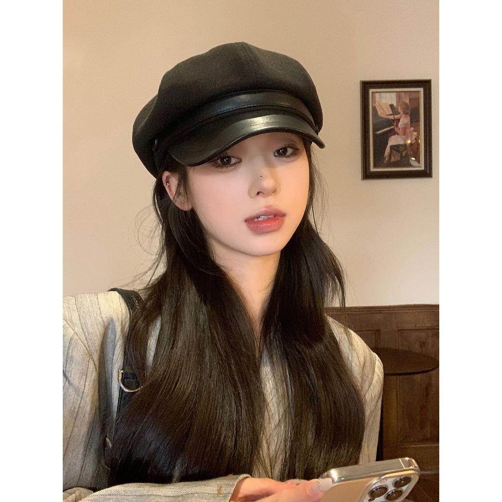 New Woolen Cap Female Black Casual Retro Versatile Painter Beret Showing Face Small Star Anise Hat