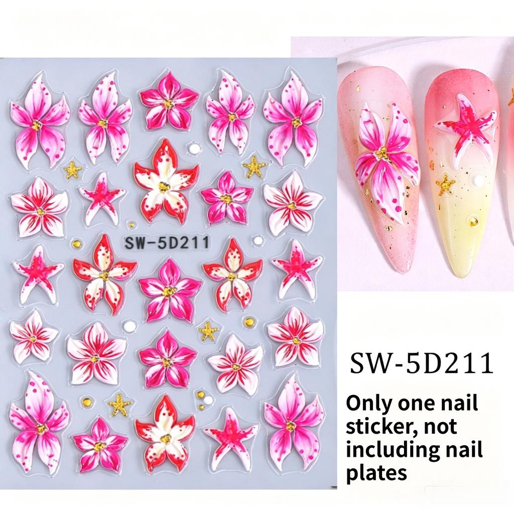 5D Embossed Summer Flower Nail Stickers Plumeria Hibiscus Starfish Decal DIY Tropical Five Petal Manicure Decor Slider Accessory
