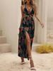 Летняя мода новое женское платье элегантное печатное бохо сексуальное пляжное платье без спинки бант разрез вечернее женское платье