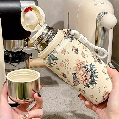 1 шт. Милая цветочная термобутылка из нержавеющей стали с крышкой - Непротекаемая, портативная кружка для путешествий на открытом воздухе, кемпинга, пеших походов - Дорожная бутылка для воды