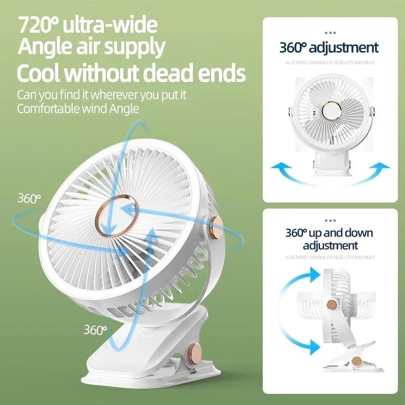 USB Rechargeable Portable Clip Desk Fan with LED Light for Home Office Camping Outdoor Use
