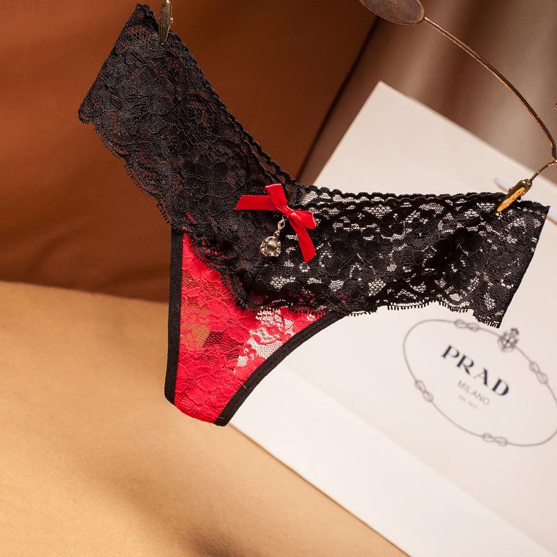 Lace Rhinestone Low-Waist Thong - Sexy European & American Seamless Transparent T-Panties