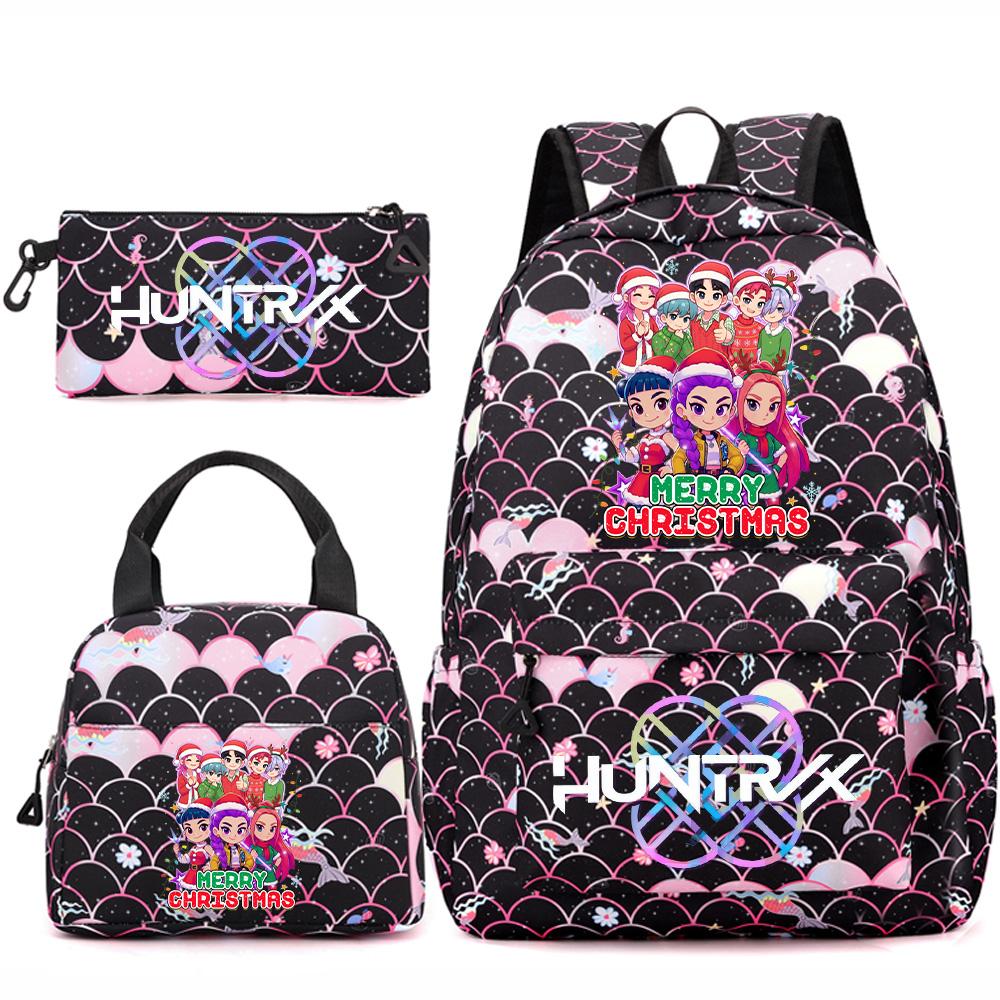 3Pcs/set Christmas KPOP Printed Backpack Handbag Pencil Case for Teenger Student Girl Boy Schoolbag Kid Bookbag Large Capacity Travel Bag Gift