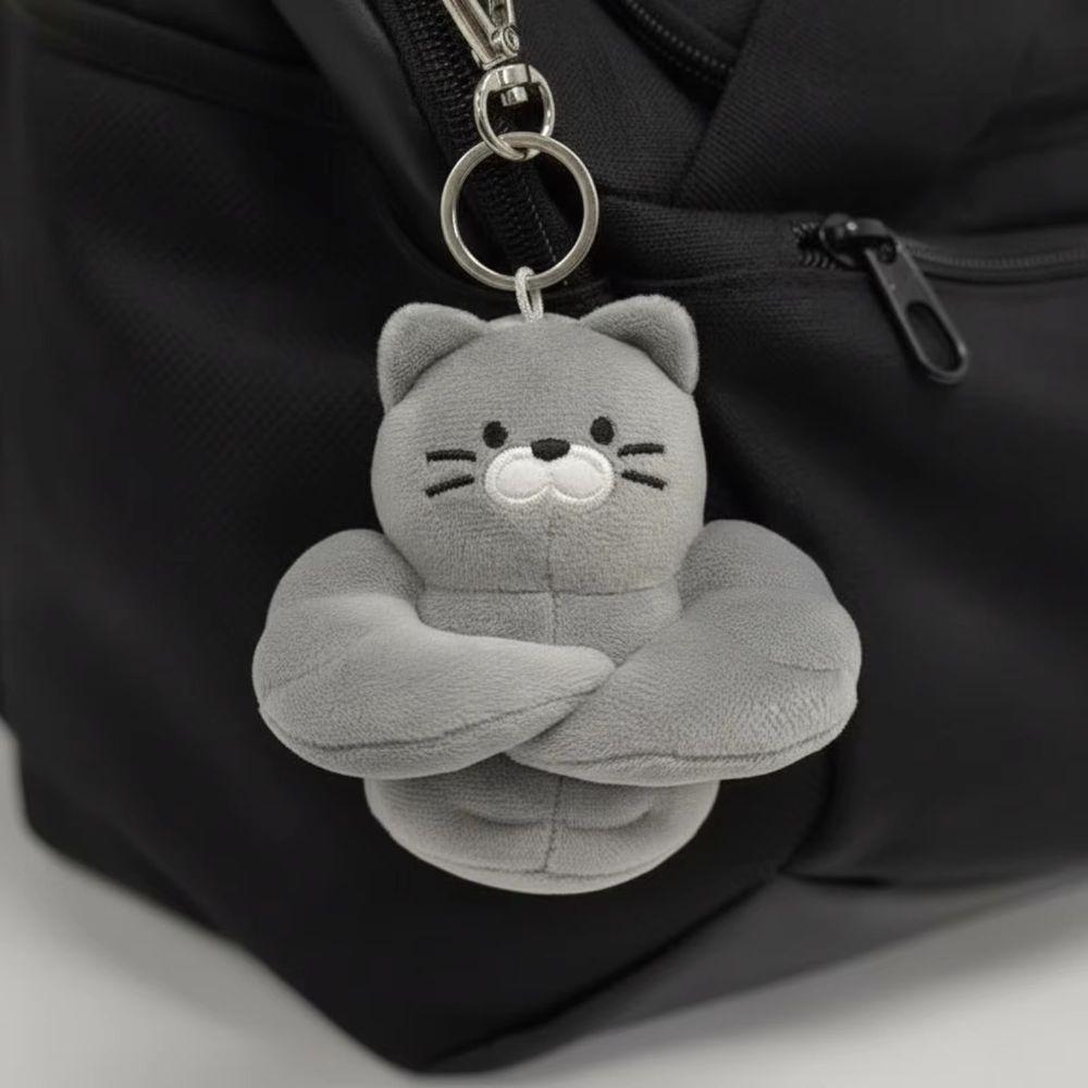 Gray Color Cat Plush Pendant Soft Cartoon Plush Keyring Muscle Cat Plush Keychain Fitness Lovers