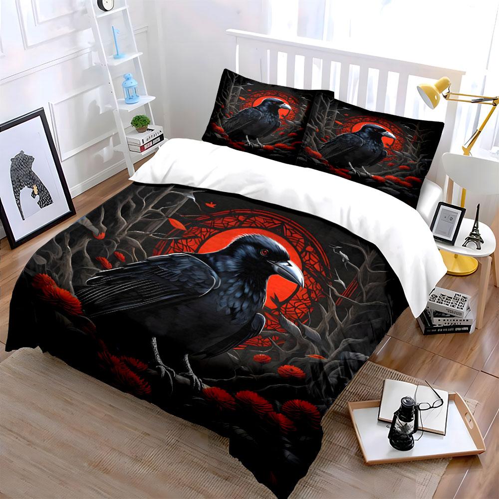 "Raven Art Decor Set Halloween" Bedding Set with 1 Duvet Cover 2 Pillowcases Single Double King Queen, Gift