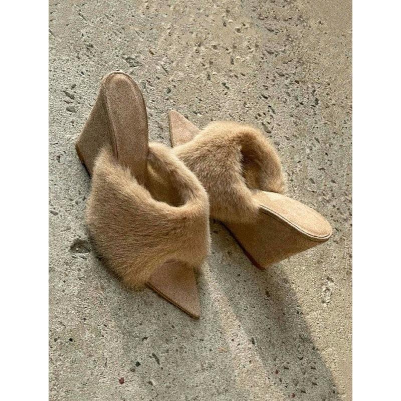 Sexy Spice Girl Fluffy Open-toed One-Word Slippers Design Sense Pointed Wedge Heel High Heel Boots