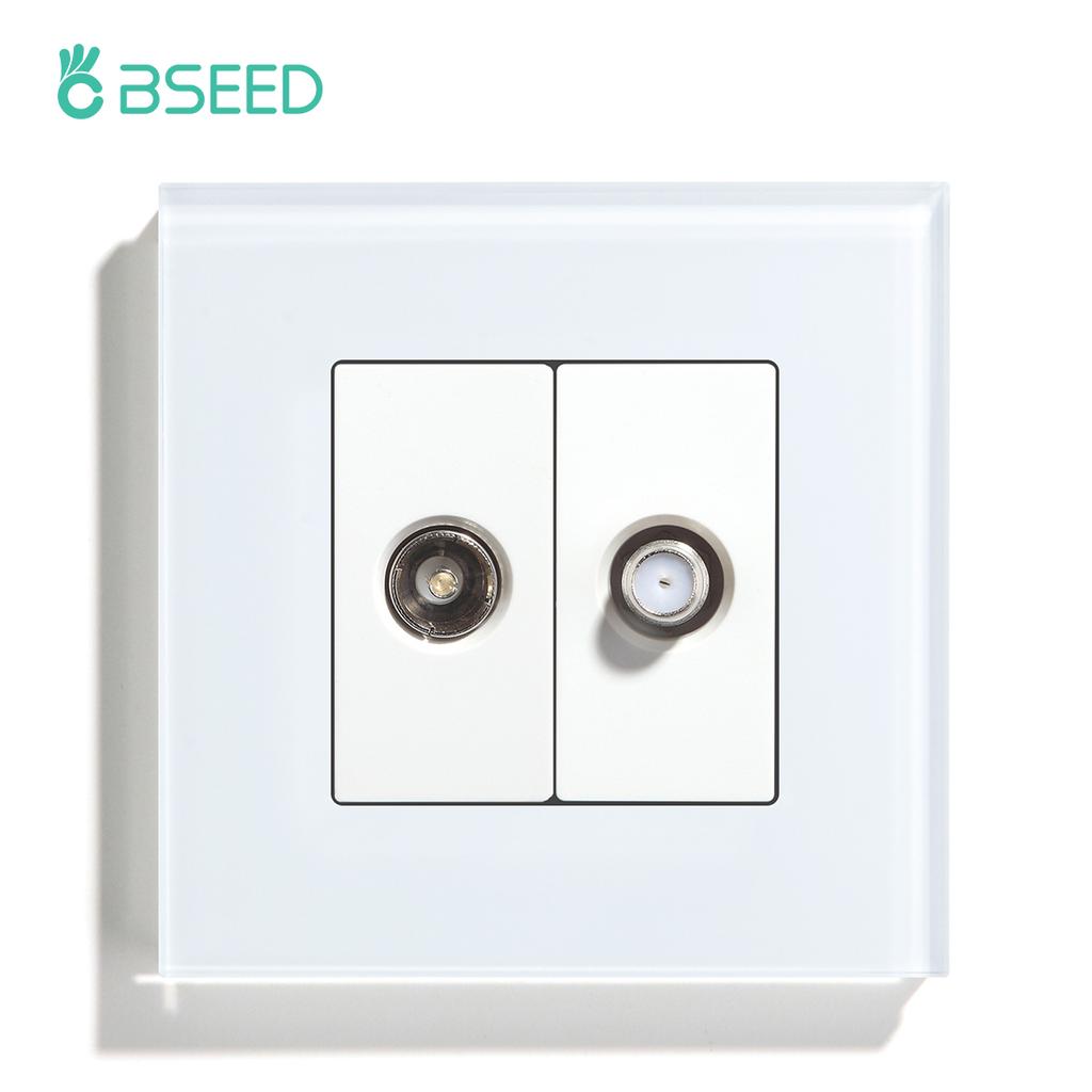 BSEED TV Satellite Wall Socket With Crystal Glass Panel White Black Gold EU Standard 86mm DIY Part For Home Improvement