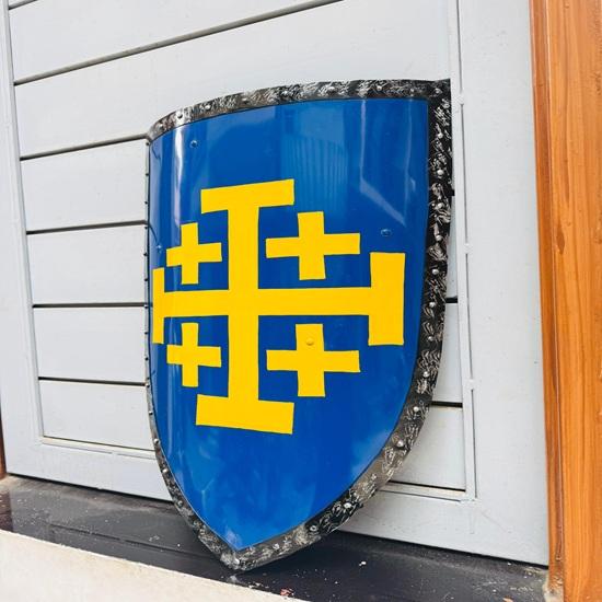 71.12 cm Medieval Crusader Jerusalem Cross Shield Blue Yellow Kite Shield Handcrafted Knight Armor for Reenactment, LARP Wall Gift