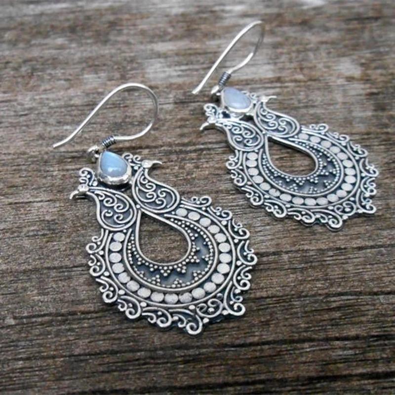 Винтажные серьги-крючки из металла медного цвета с ручной гравировкой узоров для женщин, ювелирные изделия, серьги-подвески с инкрустацией камнями в виде капель воды