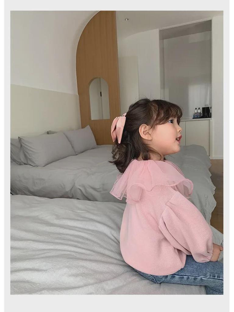 Girls' Mesh Lotus Leaf Collar Cardigan - Autumn Top for Ages 3-8