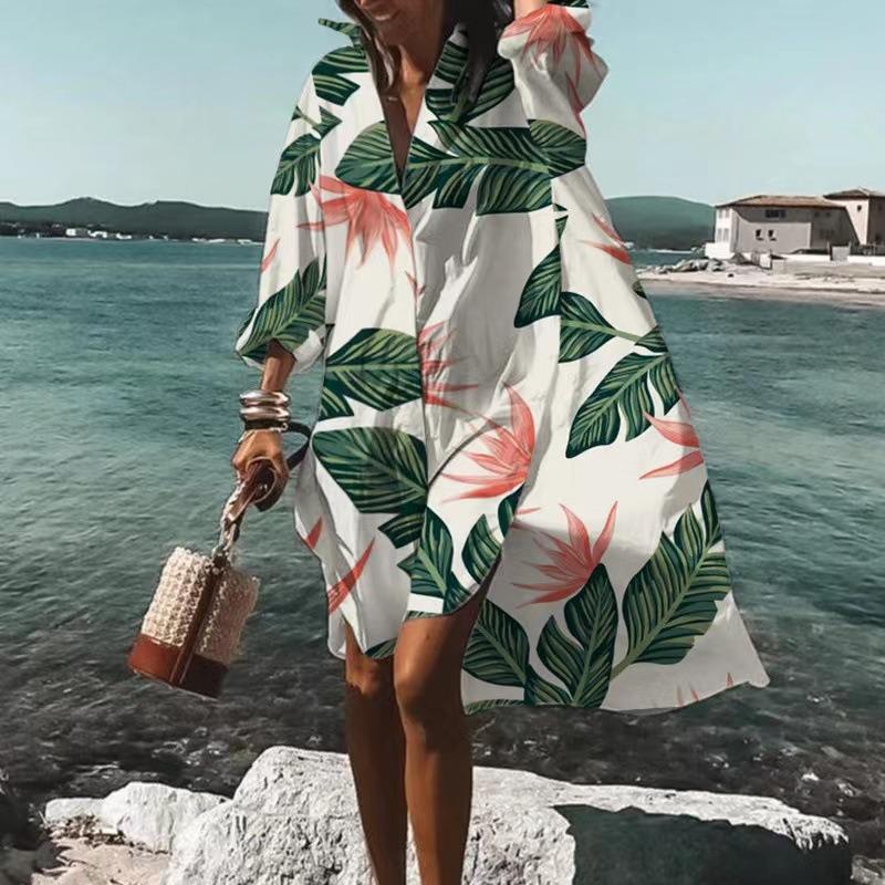 Летнее повседневное женское платье с принтом, свободное, большого размера, с длинным рукавом, А-силуэта, вечернее платье-рубашка, элегантная модная праздничная женская одежда 3391