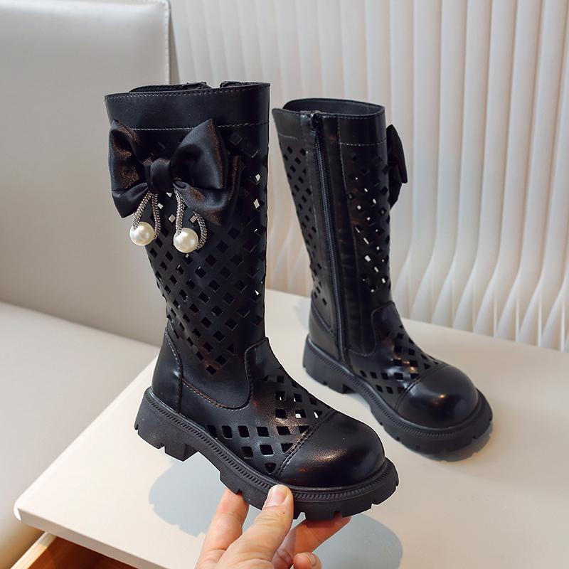 Children Chain High Boots Summer Girls Hollow Princess Boots with Bow-knot Kids Fashion Fashion PU Boots Side Zip Low Heels