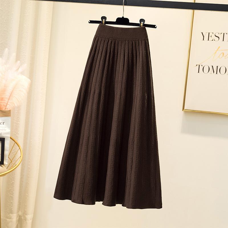 Вязаная юбка для женщин Осень и Зима с высокой талией средней длины А-силуэта плиссированная юбка