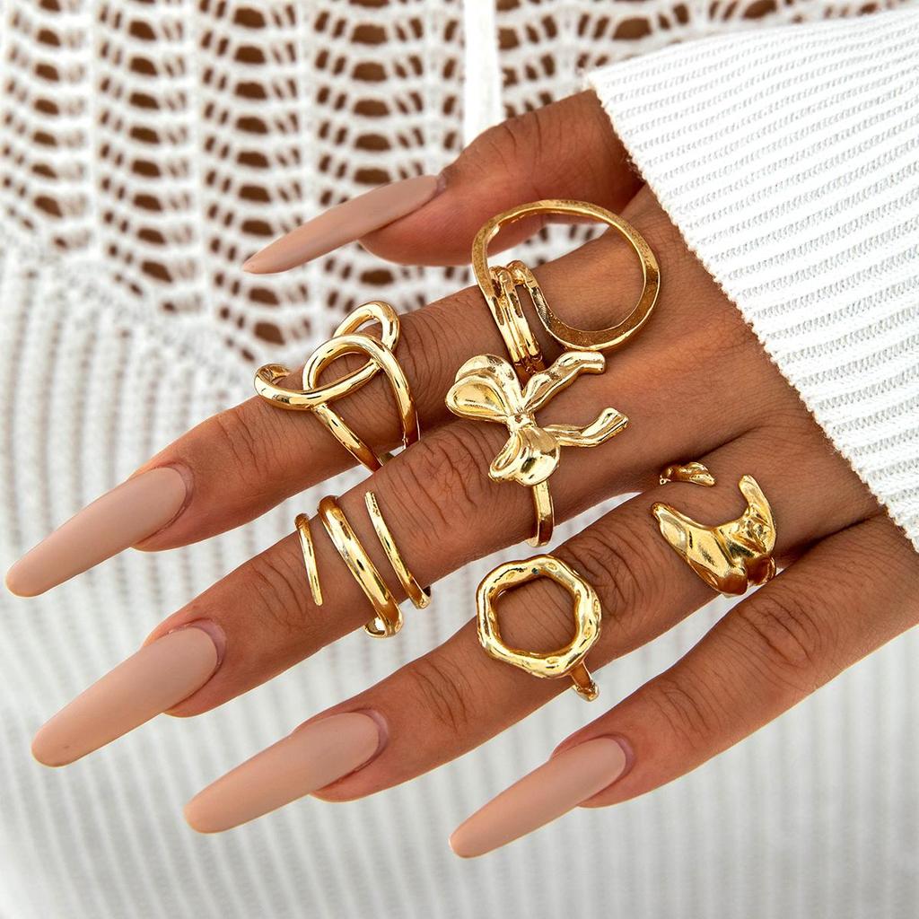 Модный креативный бант, лунная геометрия, кольцо из тяжелого металла, персонализированный нерегулярный набор из шести колец, женский ювелирный набор