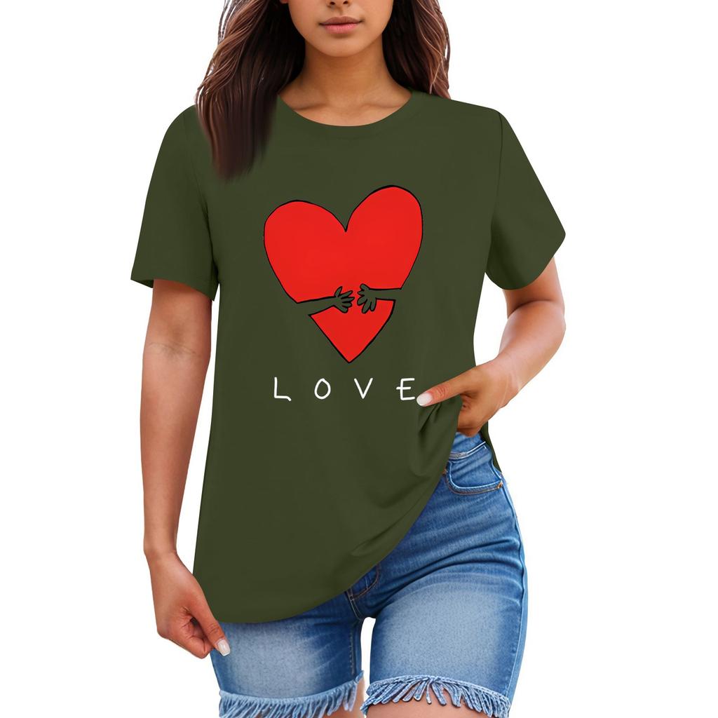 Ladies' Loose Comfortable Casual Fashionable Heart And LOVE Character Pattern Printed Round Neck Short Sleeved Shirt