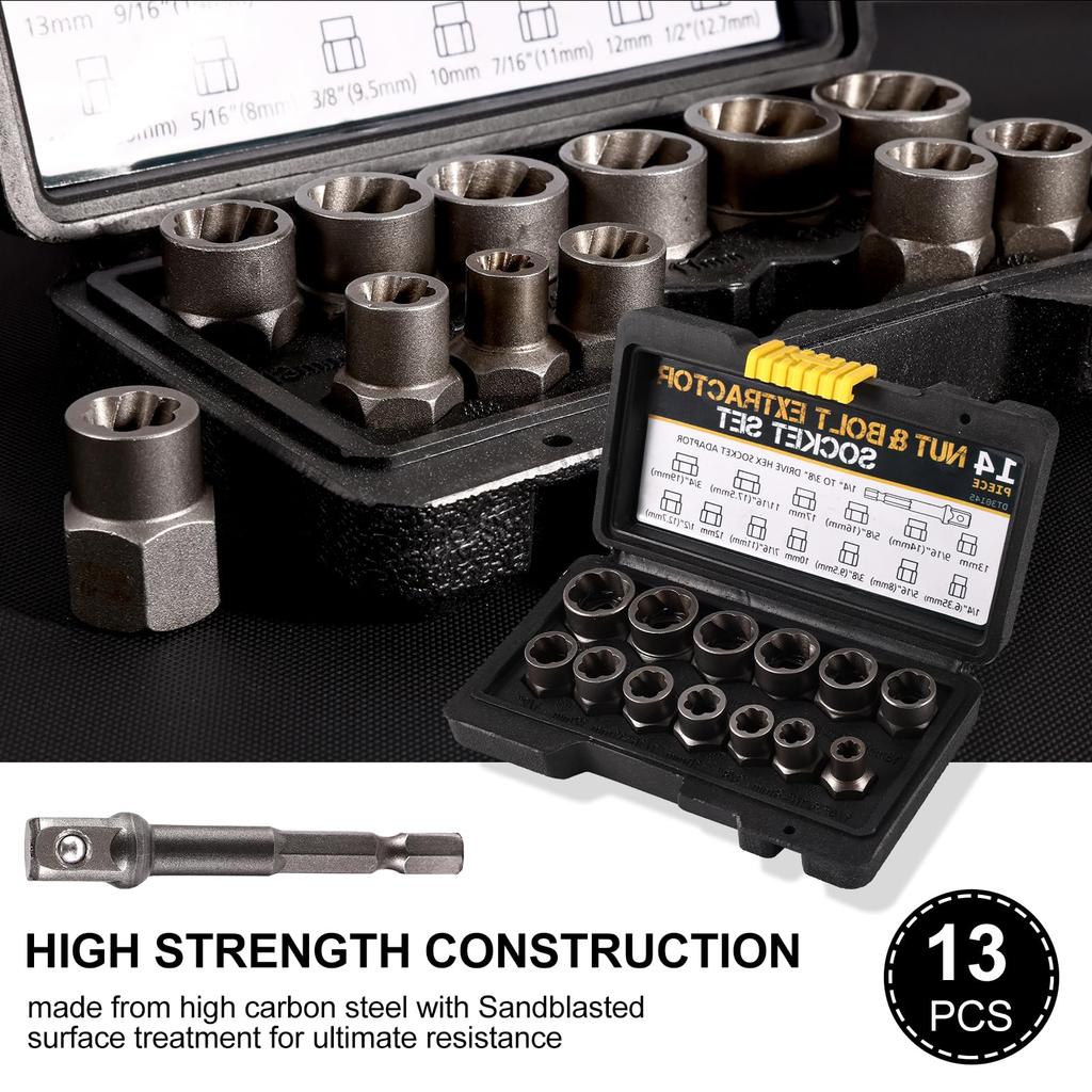 14 шт., набор для снятия ударных болтов и гаек, набор инструментов для извлечения болтов из хромомолибденовой стали с твердым футляром для хранения для промышленной прямой доставки