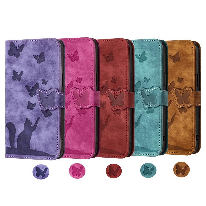 Чехол-кошелек с милым мультяшным котом и бабочкой для Samsung Xiaomi iPhone OPPO, слоты для карт, магнитная откидная крышка из искусственной кожи с подставкой