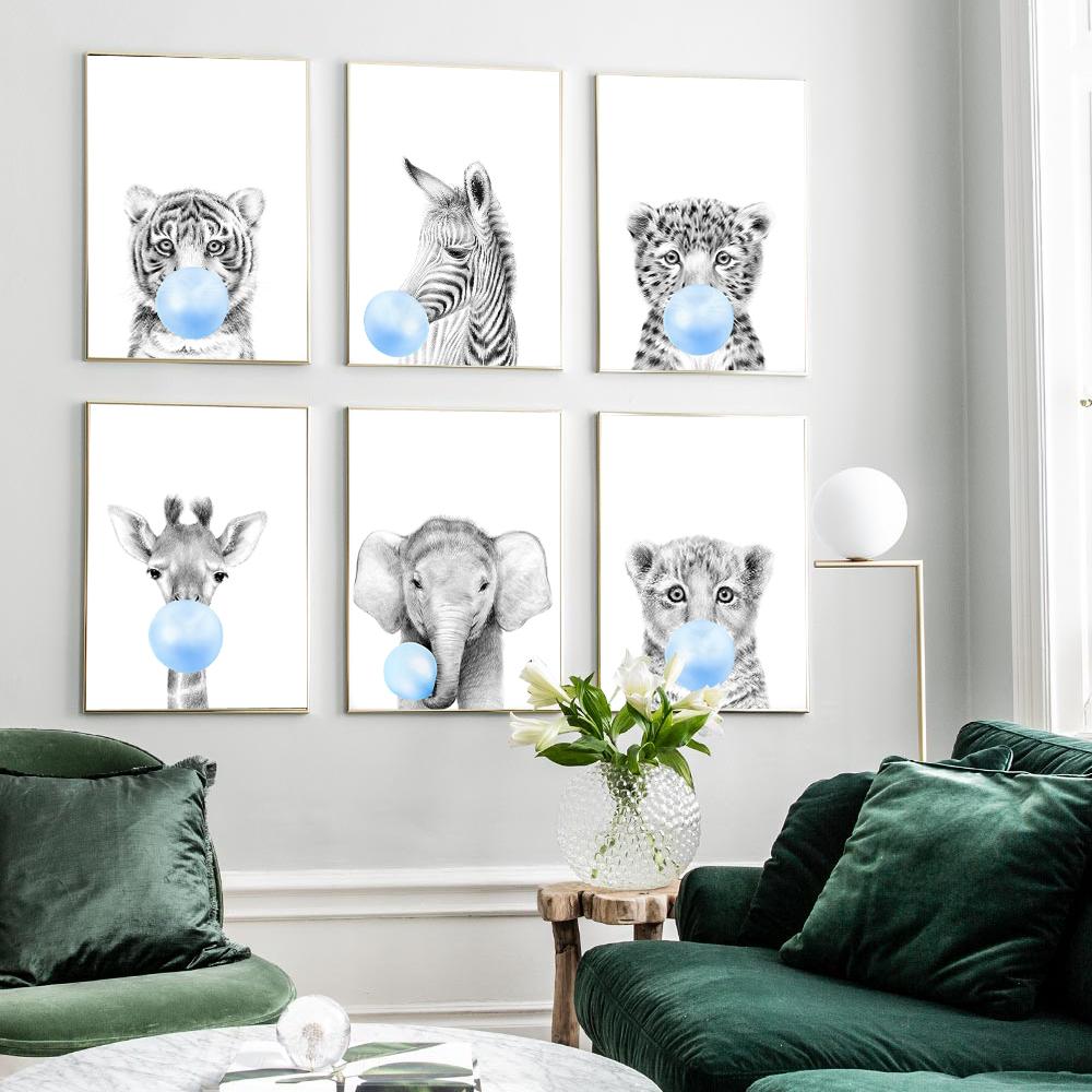 Blue Bubble Elephant Giraffe Poster Print Animal Nursery Wall Art Canvas Painting Child Picture Kids Baby Room Decoration Nordic