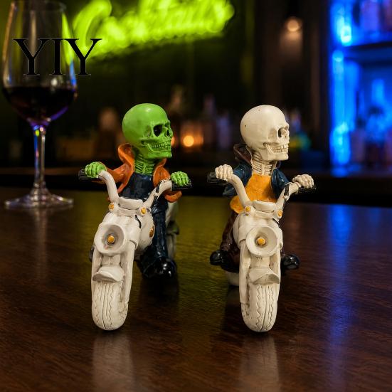 Motorcycle Skull Ornament Halloween Skeleton Riding Figurine, Gothic Spooky Statue for Home Gifts Collectors Garden, Resin Biker Decor Desk