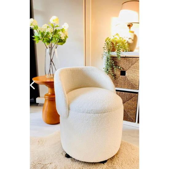 X Large White Tedy Fabric Storage Cylinder Decorative Foldable Armchair Pouf Coffee Table