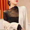 Women T Shirt See Through Transparent Mesh Tops Long Sleeve Sheer Slim Female Turtleneck Bright Silk T-Shirt Lace Crop Top