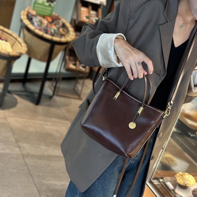 Женская ретро-сумка через плечо из натуральной кожи - модная сумка-ведро из коровьей кожи растительного дубления