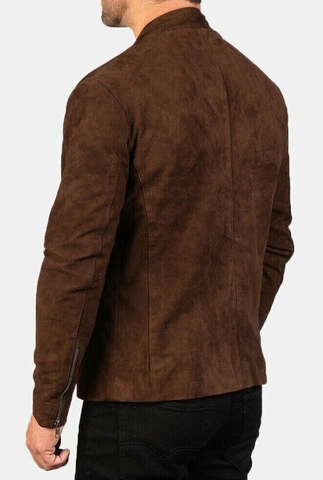 Мотоциклетная стильная замшевая куртка из натуральной овчины, коричневая, на молнии, ручной работы, мужская, байкерская