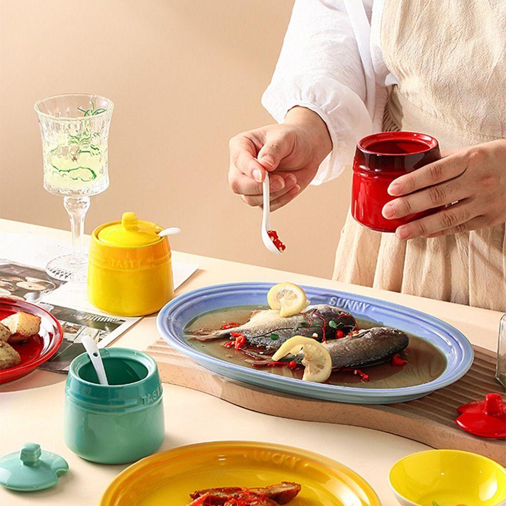 Керамическая банка для специй с градиентной расцветкой, ложка, кухонные емкости, современная сахарница, дом